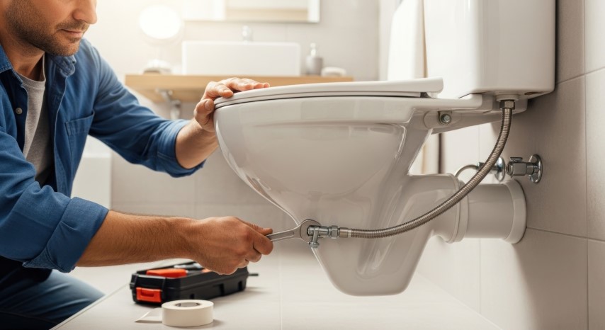 Man repairing a toilet with tools in a bright bathroom, focusing on plumbing and maintenance.